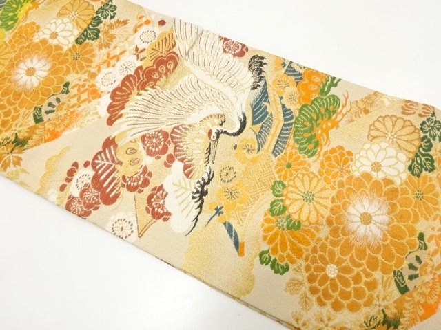 JAPANESE KIMONO / ANTIQUE MARU OBI / WOVEN CRANE & FLOWER